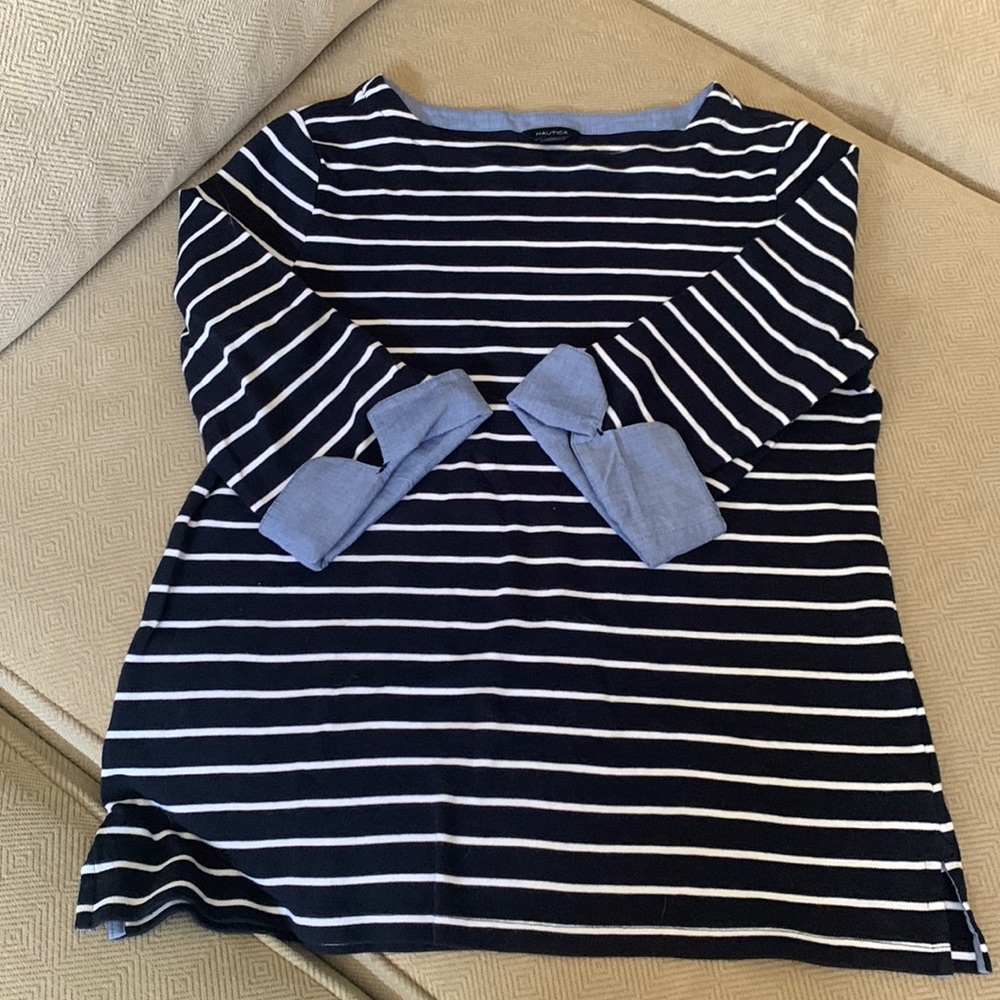 Nautica Navy White Stripe Cuff sleeves top
